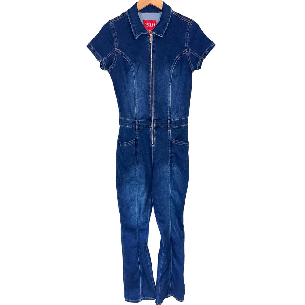 Guess Dark Wash Stretch Denim Short Sleeve Zip Up Flare Leg Jumpsuit Size S